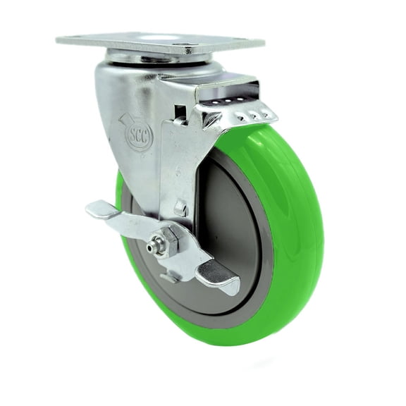 SCC - 5" x 1.25" Green Polyurethane Wheel Swivel Caster w/Brake - 350lbs/Caster