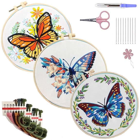 HVEST 3 Pack Embroidery Kit for Beginners - Butterfly & Flower with Embroidery Pattern, Hoop, Complete Cross Stitch Supplies (Needle/Threads/Scissors) DIY Craft for Adults Sewing Hobby