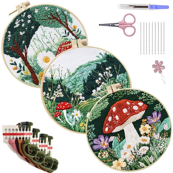 HVEST 3 Pack Embroidery Kit for Beginners - Red Mushroom & Botanical Flower with Embroidery Pattern, Hoop, Complete Cross Stitch Supplies (Needle/Threads/Scissors) DIY Craft for Adults Sewing Hobby
