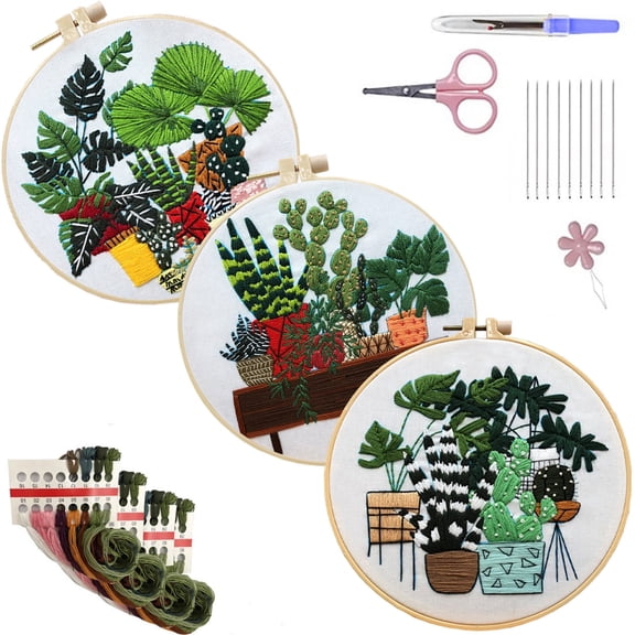 3 Pack Plant Embroidery Kit for Beginners - Green Plant Potted with Embroidery Pattern, Hoop, Complete Cross Stitch Supplies (Needle/Threads/Scissors) DIY Craft for Adults Sewing Hobby