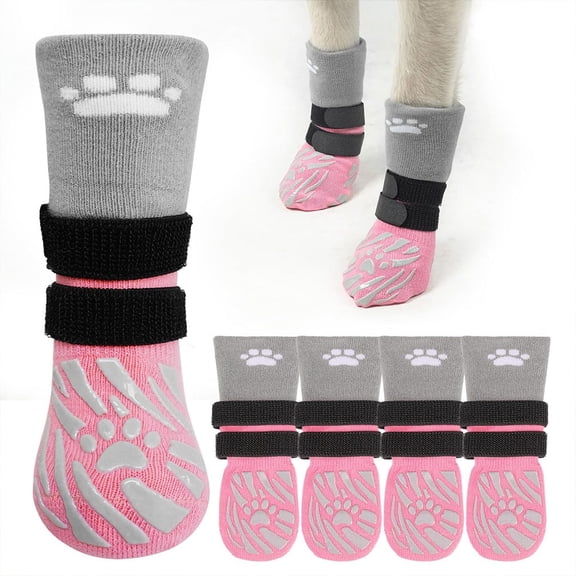 SCENEREAL 4-Pack Dog Socks to Prevent Dogs from Licking Their Paws on Hot/Cold Pavement, Dog Boots & Paw Protectors, Anti-slip Sock Booties for Senior Dogs, Pink.