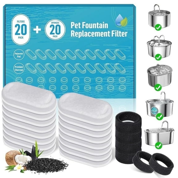 40Pcs Cat Water Fountain Filters for 108oz/3.2L & 67oz/2L Stainless Steel Pet Water Dispenser, Replacement Filter Set for Indoor Cats and Dogs