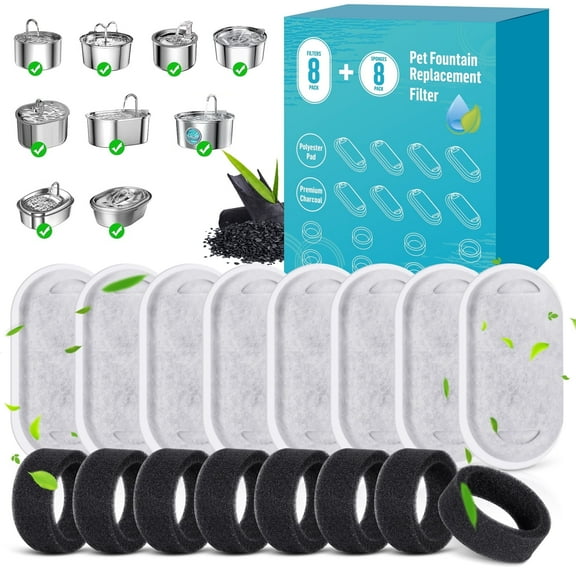 SCENTORINI Cat Water Fountain Filters, Pet Fountain Replacement Filters for Cat Dog Water Bowl Dispenser, 8 Sponges + 8 Filters