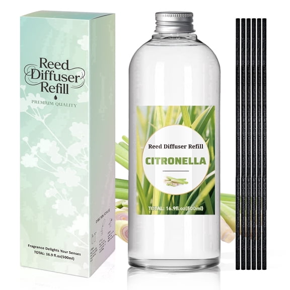 SCENTORINI Citronella Reed Diffuser Refill, 16.9 fl oz Lemongrass Scented Oil Diffuser with Sticks, Home Air Freshener for Summer Pool, Camping, Outdoor