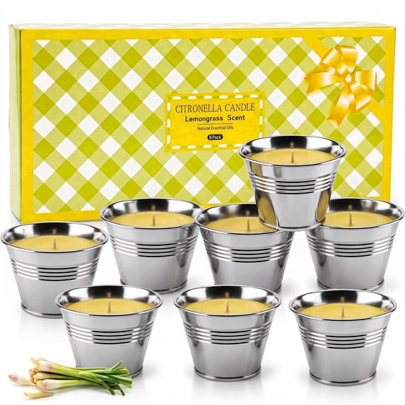 SCENTORINI Citronella Scented Candles, 8 Pcs Metal Tin Bucket Lemongrass Soy Wax Candles for Patio, Backyard, Indoor&Outdoor
