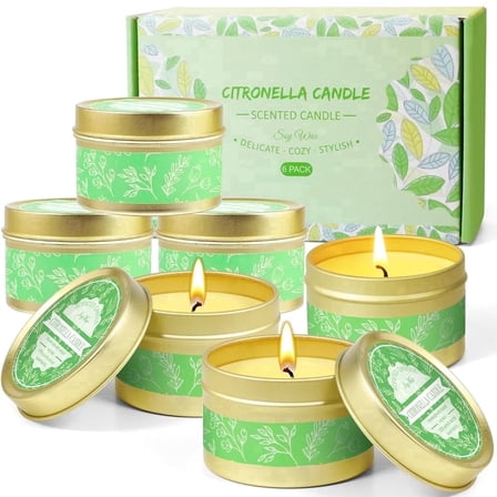 SCENTORINI Citronella Scented Candles, Natural Lemongrass Soy Wax for Indoor Outdoor (6 Pack)