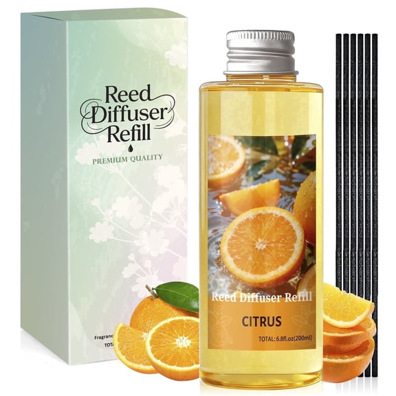 SCENTORINI Citrus Reed Diffuser Refill, 6.8 fl oz Summer Scented Diffuser with Sticks, Home Fragrance Essential Oil for Bathroom Shelf Decor