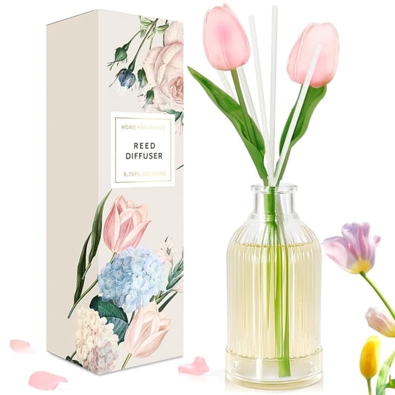 SCENTORINI Flower Reed Diffuser, 6.76 fl oz(200ml) -Tulip Scent Oil Diffuser with Sticks, Long Lasting Fragrance for Bathroom Accessories Shelf Decor
