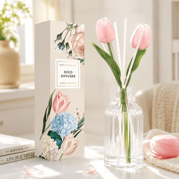 SCENTORINI Flower Reed Diffuser, 6.76 fl oz(200ml) -Tulip Scent Oil Diffuser with Sticks, Long Lasting Fragrance for Bathroom Accessories Shelf Decor