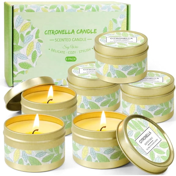 SCENTORINI Natural Citronella Candles for Outdoor, 15 oz Lemongrass Essential Oils Travel Tin Candles for Patio, 6 Pack