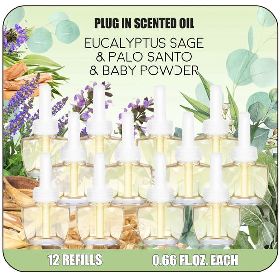 Plug in Air Freshener Refills, 12 Refills Long Lasting Fragrance For Home, Palo Santo, Eucalyptus & Sage, Baby Powde Scented Essential Oil, Compatible with Glade, Air Wick