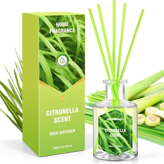 SCENTORINI Reed Diffuser, 6.76 fl oz Glass Bottle Citronella Diffuser with Sticks, Lemongrass Long Lasting Fragrance for Home Bathroom Office