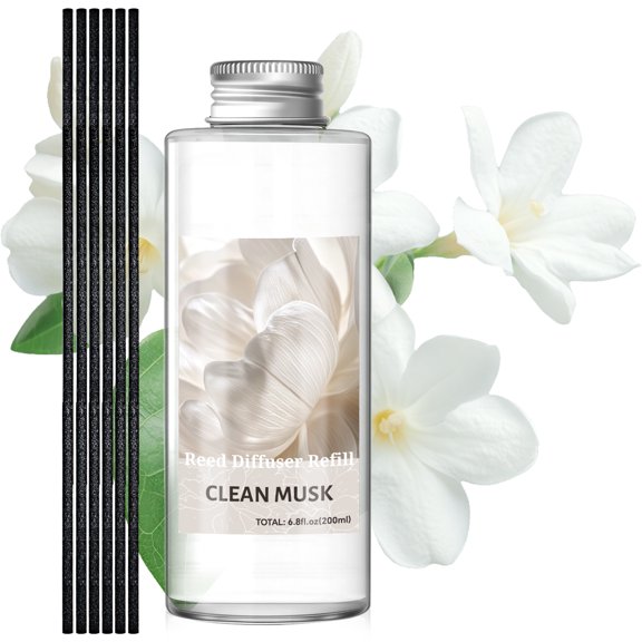 SCENTORINI Clean Musk Reed Diffuser Refill 200ml with Sticks, Long Lasting Fragrance Reed Oil Diffuser, Scented Air Freshener for Home, Bathroom & Office