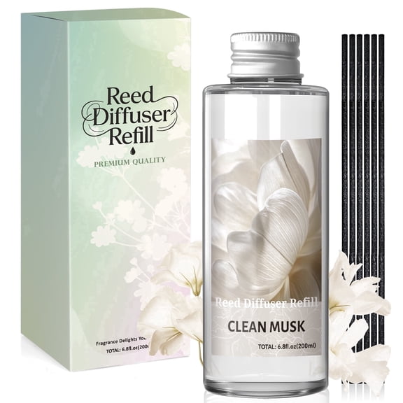 SCENTORINI Clean Musk Reed Diffuser Refill 200ml with Sticks, Long Lasting Fragrance Reed Oil Diffuser, Scented Air Freshener for Home, Bathroom & Office