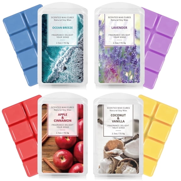 SCENTORINI Scented Wax Melts, 4 Pack Soy Wax Cubes for Warmer Gift Set, Lavender, Ocean Breeze, Apple Cinnamon, Cocount Vanilla