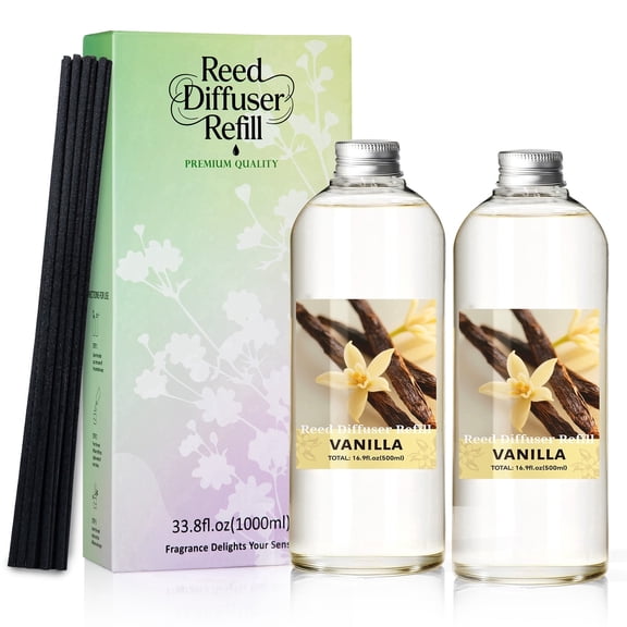 SCENTORINI Vanilla Reed Diffuser Refill, 33.8 fl oz/1000 ml Long-Lasting Essential Oil with Sticks, Home Fragrance for the Bedroom and Bathroom