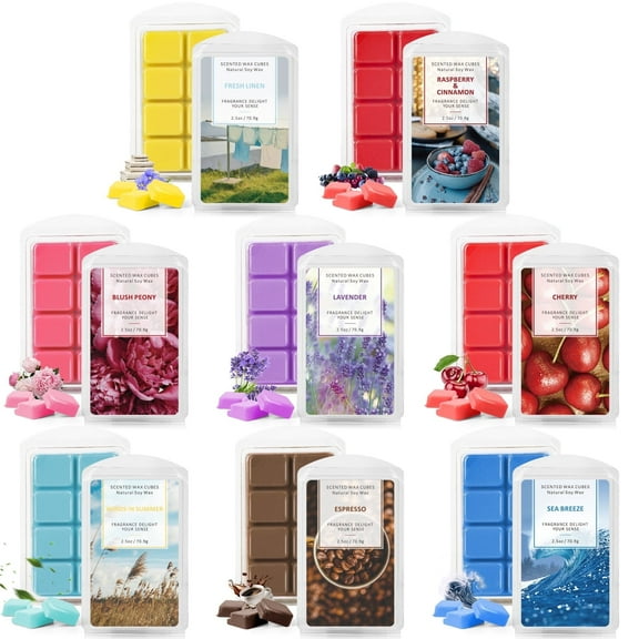 SCENTORINI Wax Melts Scented Wax Cubes for Warmers, Sea Breeze, Lavender, Linen, Winds in Summer, Cherry, Espresso, Raspberry & Cinnamon, Blush Peony, 2.5 oz(8 Pack)