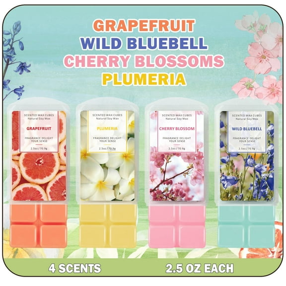 SCENTORINI Wax Melts Wax Cubes for Warmer, Grapefruit, Cherry Blossoms, Wild Bluebell, Plumeria(4-Pack)