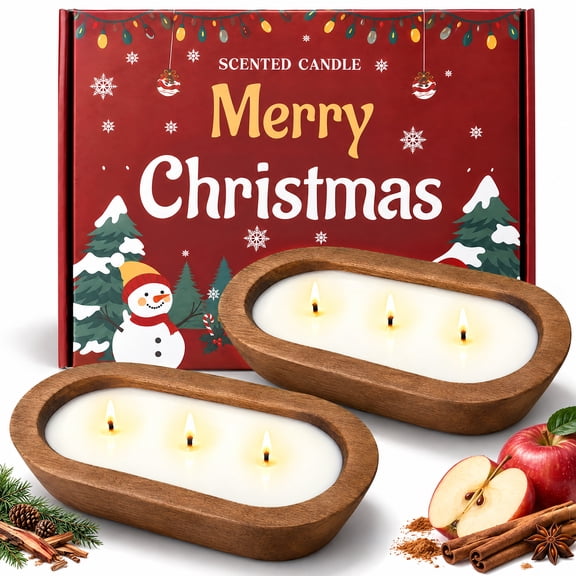 SCENTORINI Wooden Dough Bowl Candles for Christmas, Balsam Cedar and Apple Cinnamon Scented Candles for Home Decor (2 Pack)