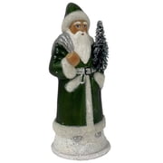 Schaller 2416 6 x 2.5 x 2.5 in. Paper Mache Candy Container - Santa in Green Shiny Coat with Silver Bag & Beaded Edge