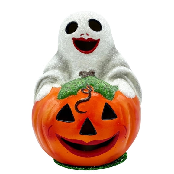 8" Ghost on Pumpkin Schaller Paper Mache Halloween Candy Container