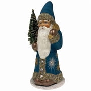 Schaller 2428 10 x 4.75 x 4.75 in. Paper Mache Candy Container - Santa in Aqua with Fancy Stars & Crystal Details