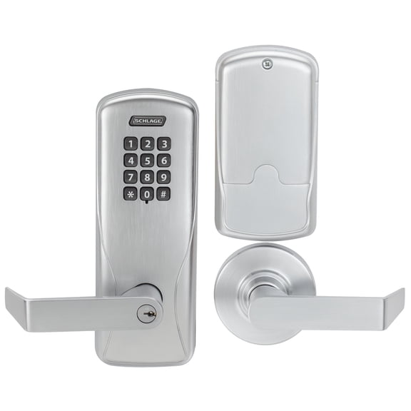 SCHLAGE - CO100CY70KPRHO626 Schlage CO Series Class 100 Offline Electronic Lock, Cylindrical Chassis, Classroom/Storeroom Function, Keypad, Rhodes Lever, Satin Chrome Finish CO-100 CY70 KP RHO 626