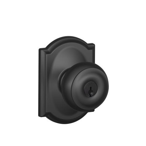 SCHLAGE F51A Georgian with Camelot Rose Keyed Entry Lock C Keyway with 16211 Latch 10063 Strike Matte Black Finish