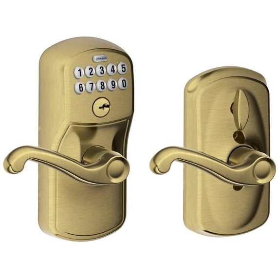 SCHLAGE FE595 PLY 609 FLA Plymouth Keypad Entry with Flex-Lock and Flair Style Levers, Antique Brass