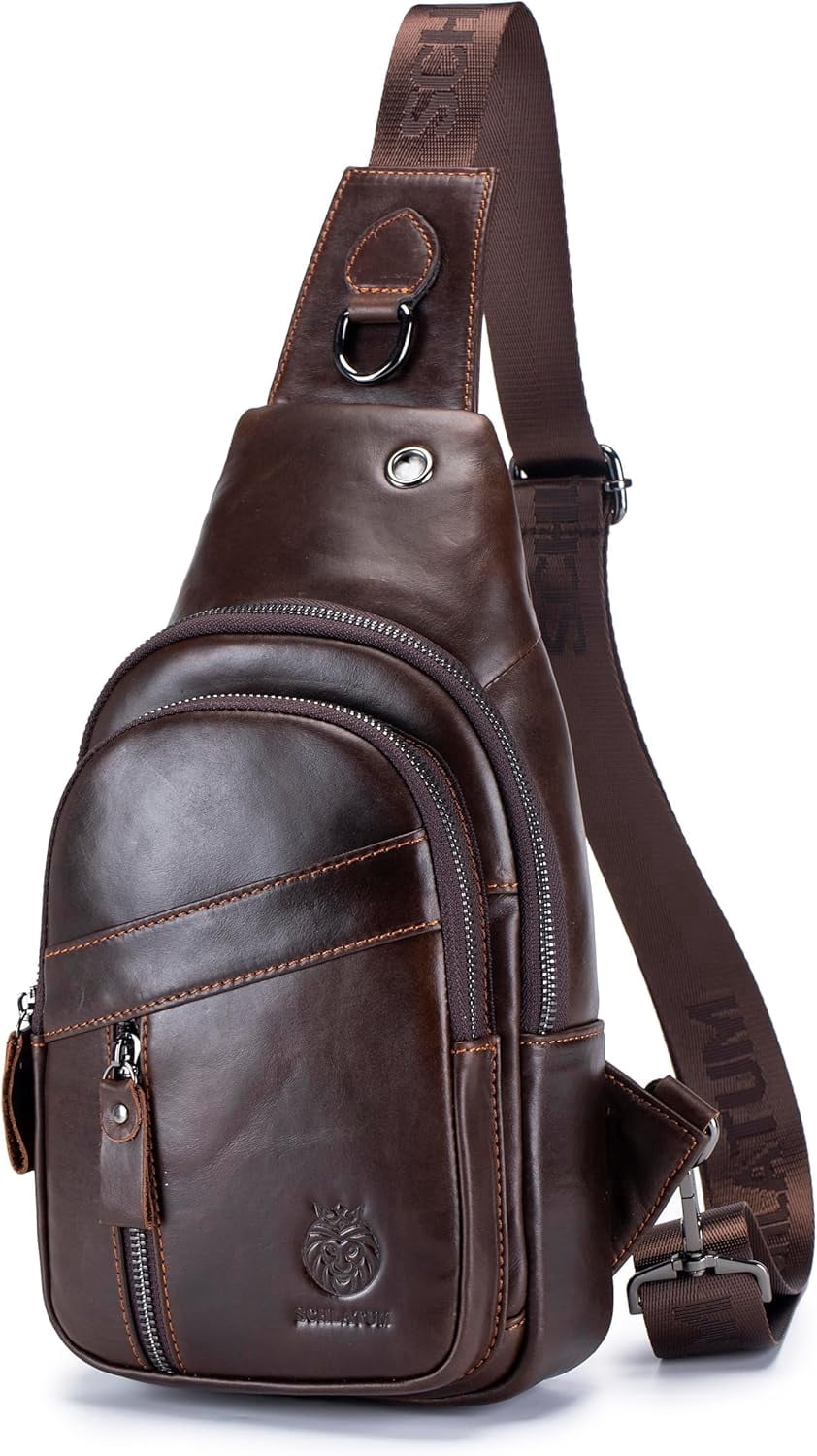 SCHLATUM Genuine Leather Crossbody Sling Bag for Men, Coffee