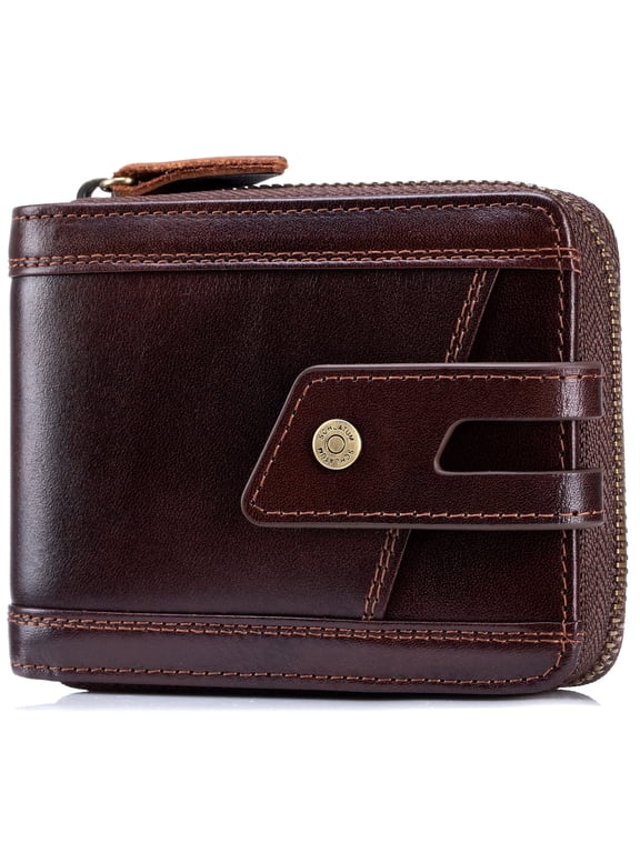 Genuine Leather Wallets for Men with Zipper RFID Blocking Large Capacity Retro Mens Wallet, Brown