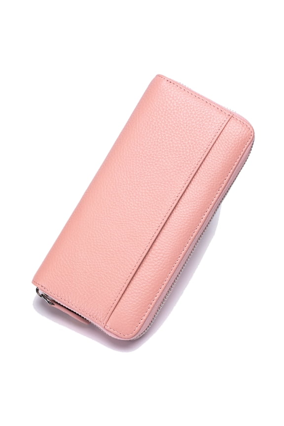 Long Zipper Wallet for Women Genuine Leather RFID Blocking Large Capacity with Coin Pouch ID Window, Pink