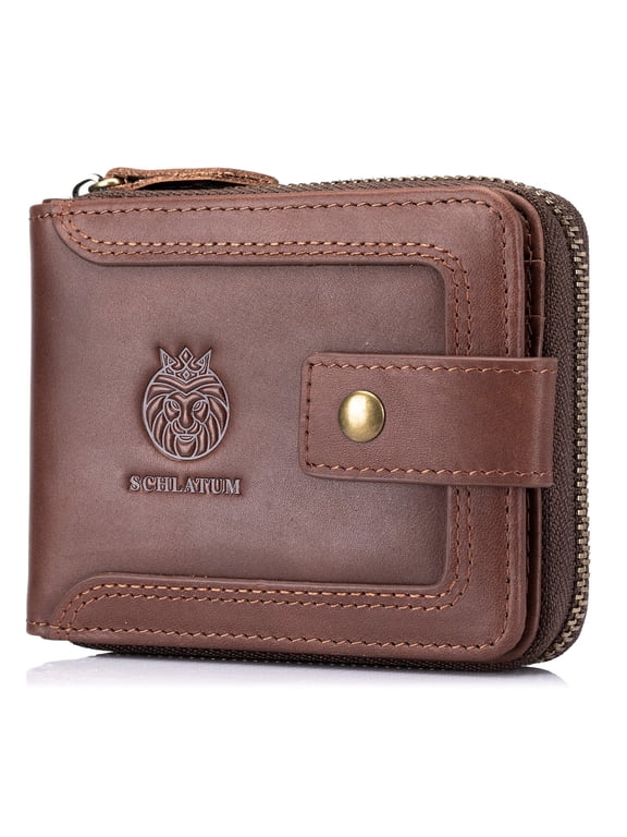Men's Genuine Leather RFID Blocking Zip-Around Wallet with Coin Pocket and ID Window Coffee
