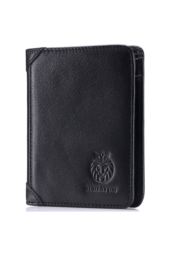 Slim Genuine Leather RFID Blocking Wallet for Men, with 9 Card Slots, 2 ID Windows and 2 SD Card Slots, Black