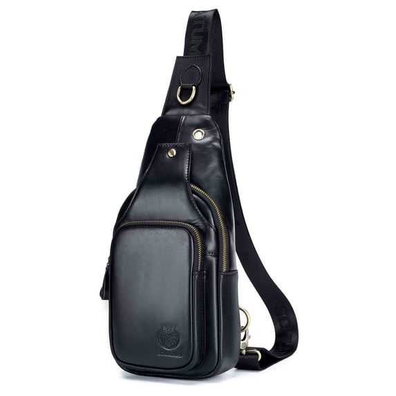 SCHLATUM Sling Bag for Men Genuine Leather Small Crossbody Bag Men Casual Chest Bag Sling Backpack with USB Cable Hole, Black