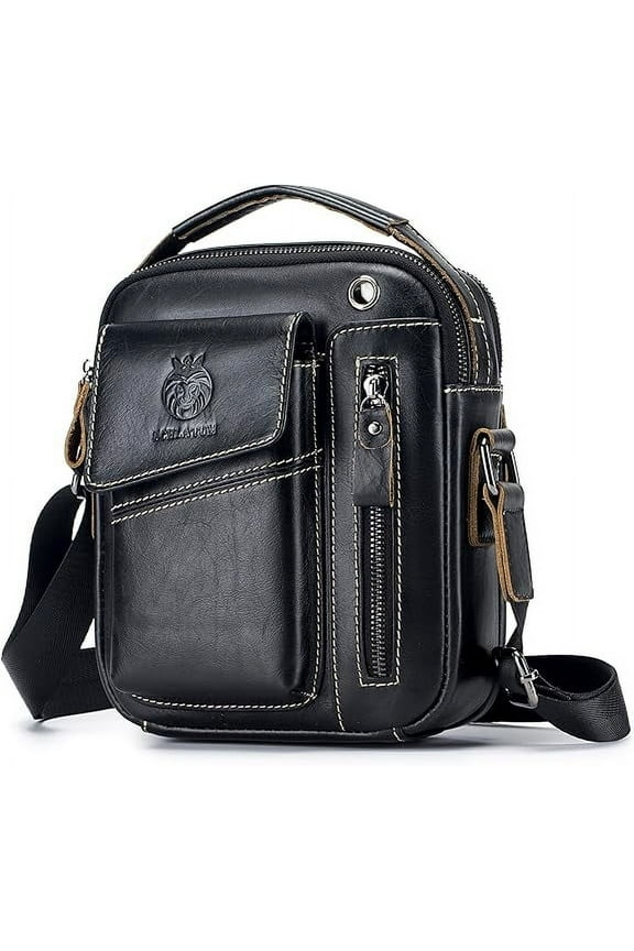 Small Messenger Bag for Men Genuine Leather Crossbody Shoulder Bag Men Purse Casual Daypack Mens Handbag, Black