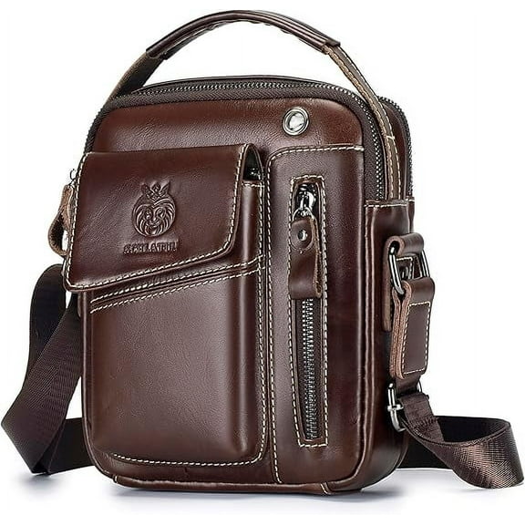 SCHLATUM Small Messenger Bag for Men Genuine Leather Crossbody Shoulder Bag Men Purse Casual Daypack Mens Handbag, Coffee