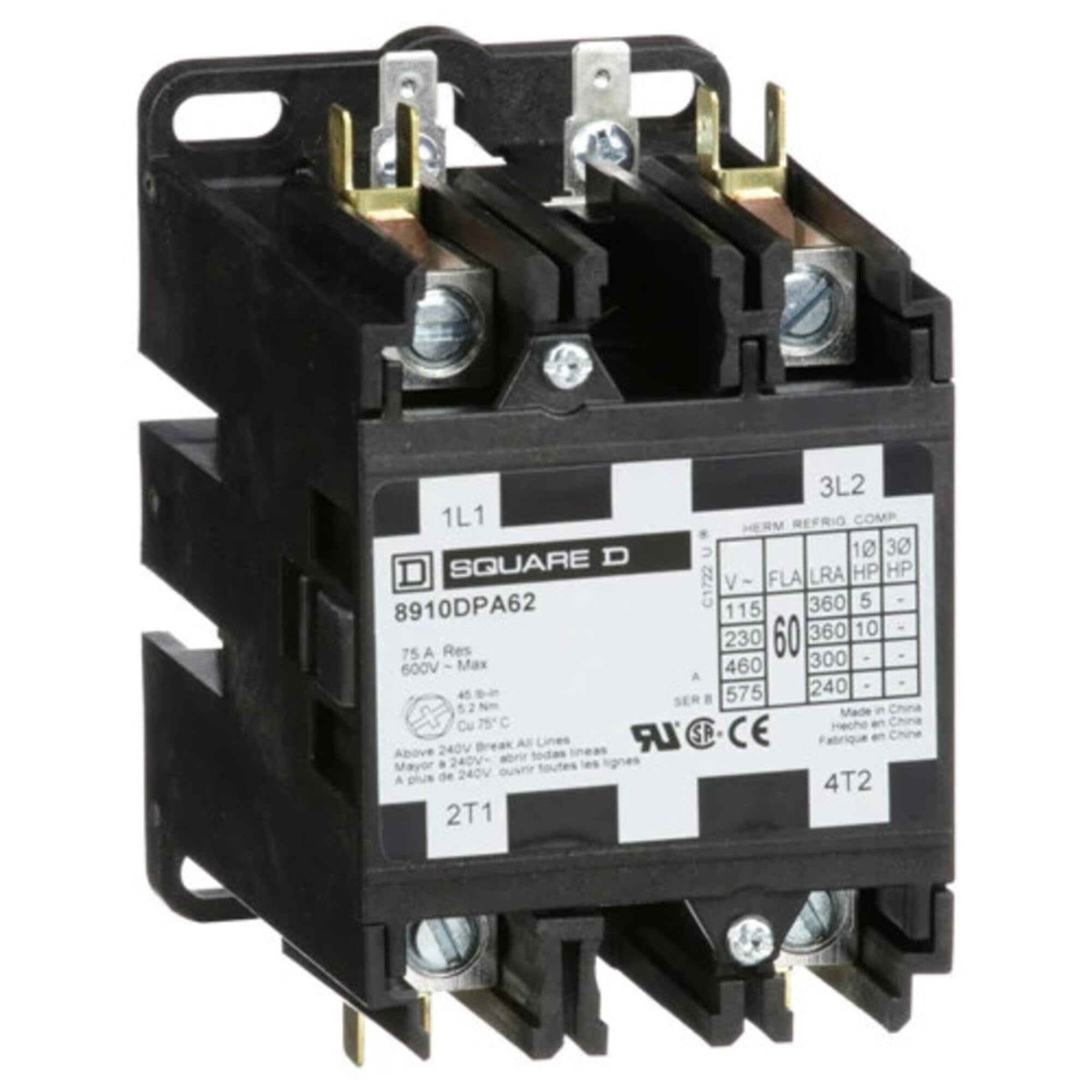 Schneider Electric 8910DPA42V09 Contactor – 600VAC, 40 Amp, DPA Series, 3-Pole, Definite Purpose, For HVAC, Lighting & Industrial Controls