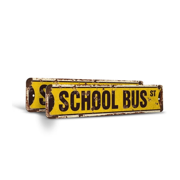 SCHOOL BUS Vintage Style Rustic Street Sign – (2 Pack) Driver Student Stop Retro Decorative Wall Sign for Home, Bar, Garage, or Outdoor Use | 4" X 18" Aluminum Metal Road Sign