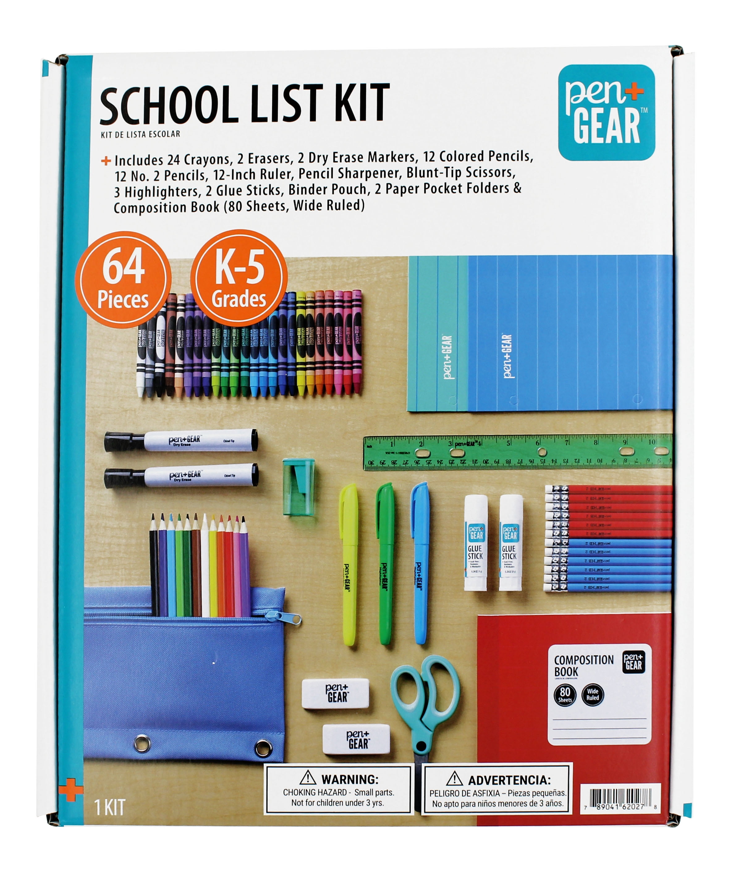 Pen+Gear School Supply Kit, 64 Pieces, Grades K-5, Back to School Essentials