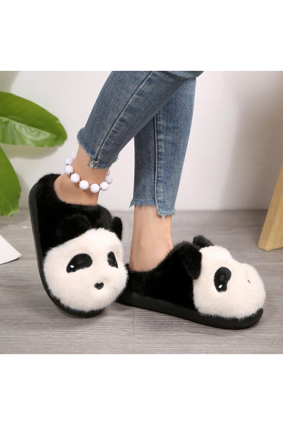 Cute Panda Fluffy Faux Fur Indoor Slippers for Women | Warm Short Plush Non-Slip Flat Heel Home Slides, Khaki/Grey/White (36-41)