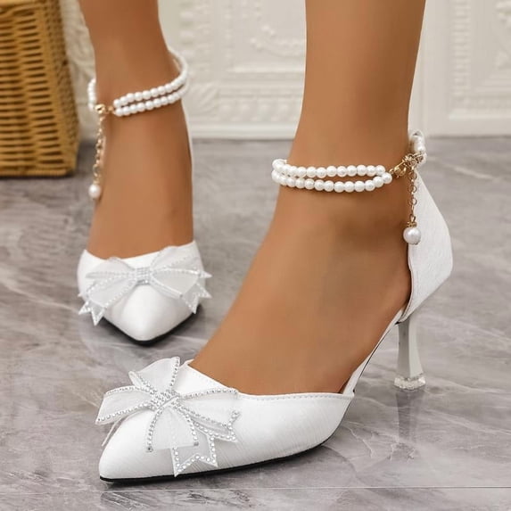 SCHUHLAND Elegant White Pumps: Pearl Chain Ankle Strap, Bowknot Pointed Toe High Heel Shoes for Wedding & Party