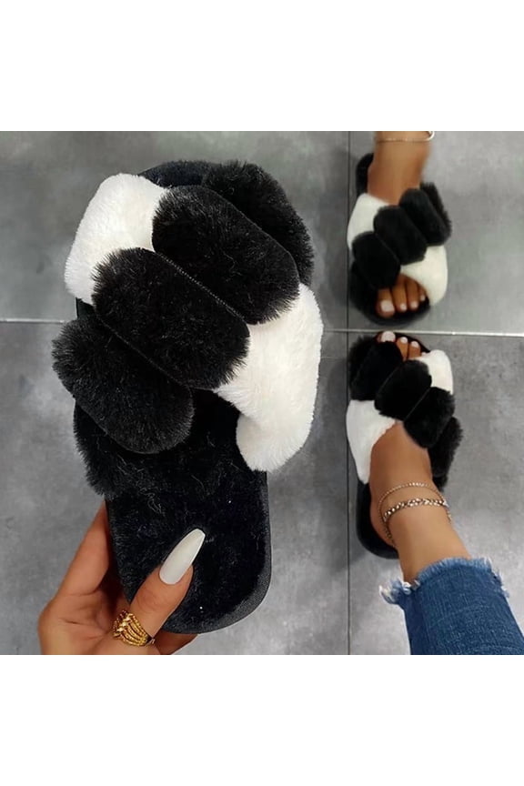High Fashion Women's Faux Fur Mix Color Plush Indoor/Outdoor Slides, Soft Sole, Flat Cozy Winter Slippers