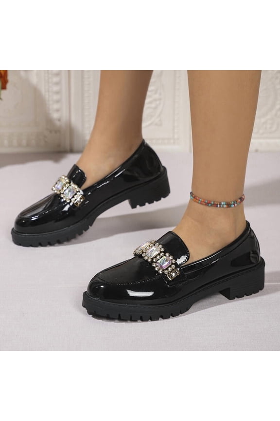 Luxury Crystal Patent Leather Loafers for Women, Black Office Pumps, Thick Medium Heel, Round Toe Dress Shoes
