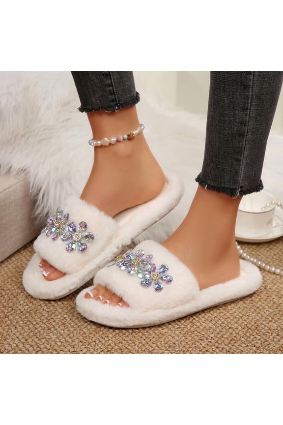 Luxury Glitter Flower Faux Fur Indoor Slides for Women | Warm Short Plush Bedroom Slippers, Non-Slip, White