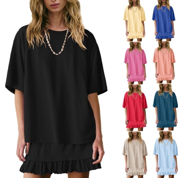 SCHUHLAND Women's 2-Piece Lounge Set - Casual Soft Solid Color Pajamas, Loose Fit Short Sleeve Top and Pants Sleepwear Suit, S-2XL
