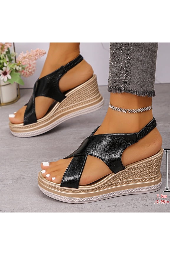 Women's Champagne Gold Wedge Sandals, Cross Strap Chunky Platform Summer Shoes, Lightweight Rome High Heel Sandalias, Size 35-43