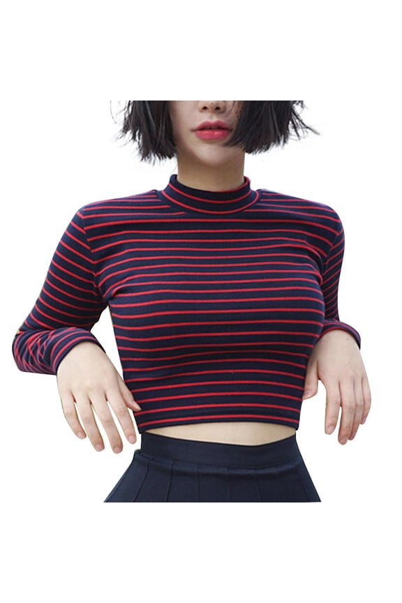 Women's Chic Striped Crop Top - Classic Slim Short Bustier, Sexy Turtleneck Long Sleeved T-Shirt, High Street Autumn Winter Tee