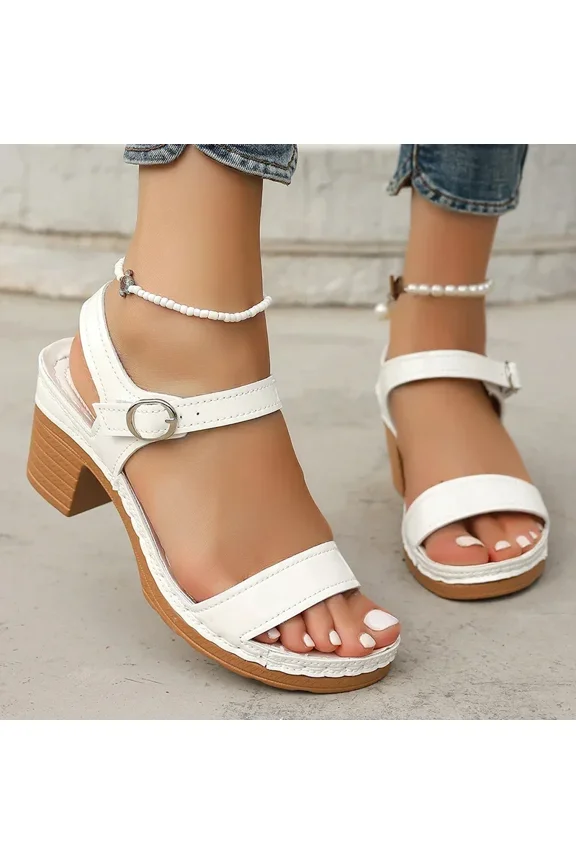 Women's Chunky High Heel Sandals, Square Toe Ankle Strap Dress Shoes, White/Black, 7cm Heel, Sizes 36-43