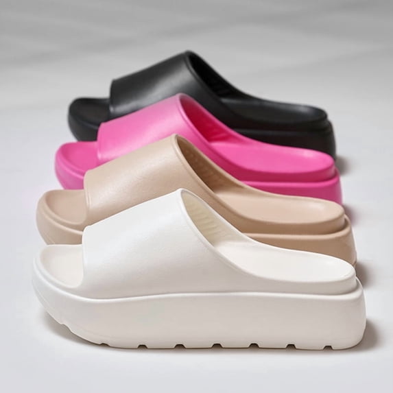 SCHUHLAND Women's Chunky Platform EVA Cloud Slides, High Heel Sandals, Lightweight Soft Sole Summer Beach Slippers, Beige/Black